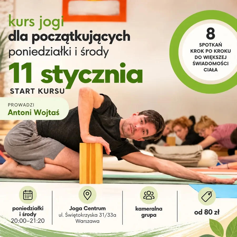 Plakat kursu jogi dla początkujących, 11 stycznia – 3 lutego, poniedziałki i środy, godz. 20:00