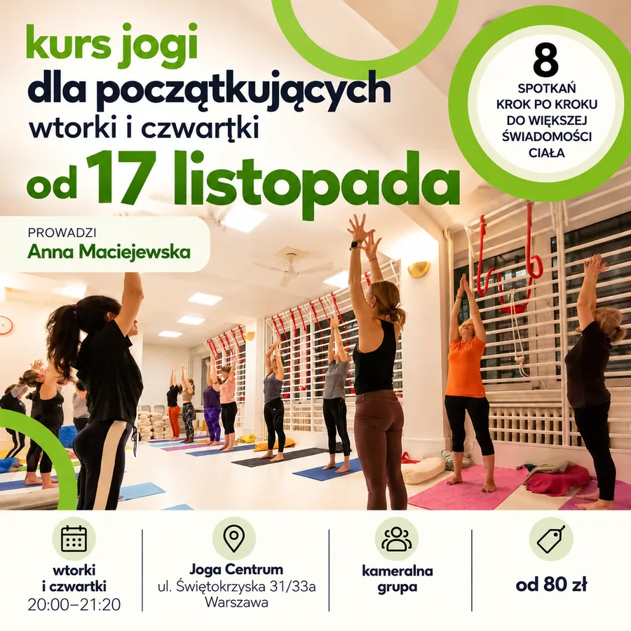 Plakat kursu jogi dla początkujących od 17 listopada