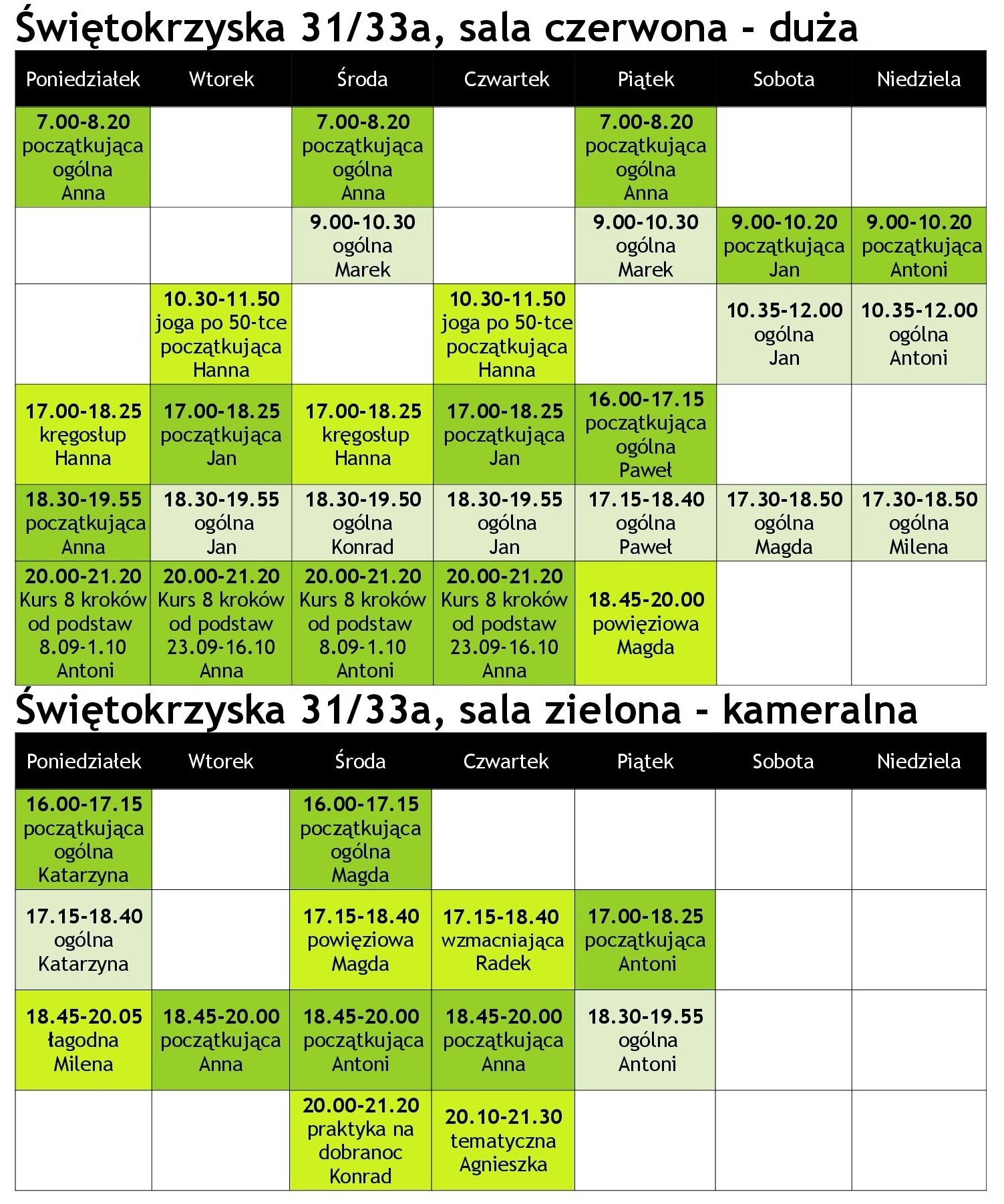 Joga Centrum Warszawa, rozkład zajęć